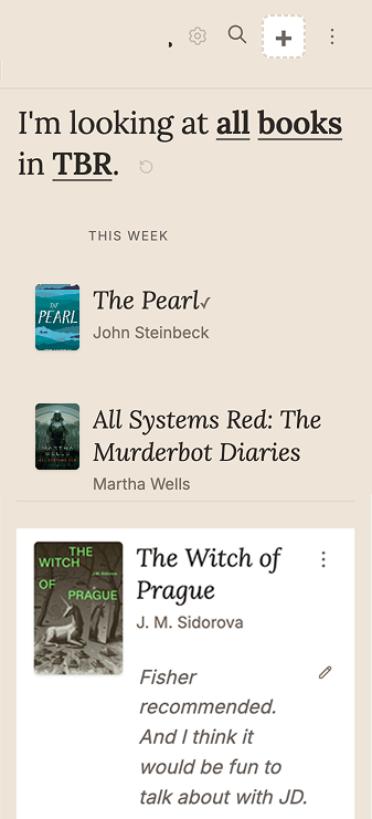 Expanded book view with note, description, and shelf controls